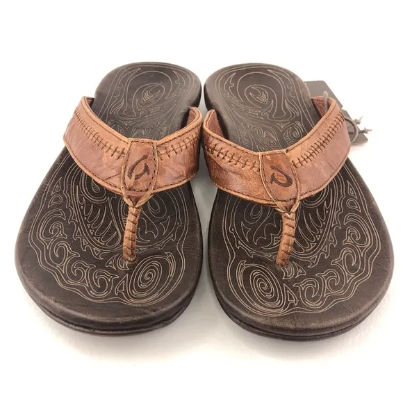 OluKai Hiapo Brown Leather Thong Sandals 7