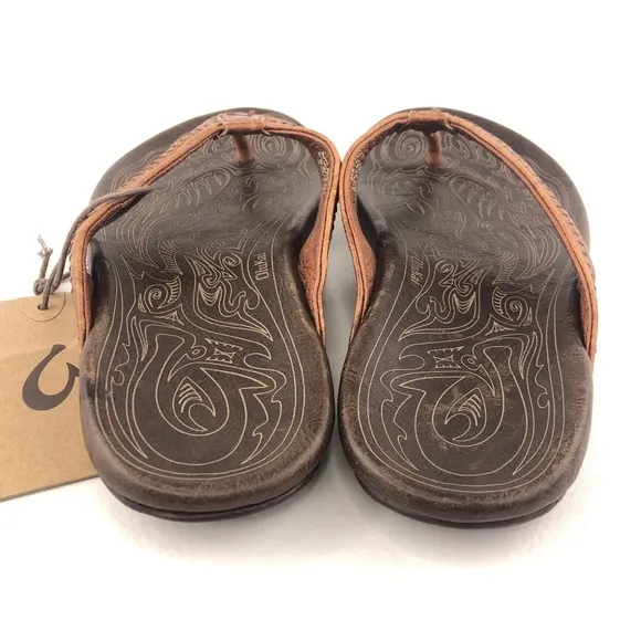 OluKai Hiapo Brown Leather Thong Sandals 7