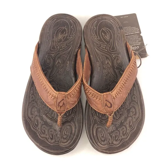 OluKai Hiapo Brown Leather Thong Sandals 7