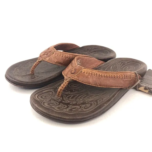 OluKai Hiapo Brown Leather Thong Sandals 7