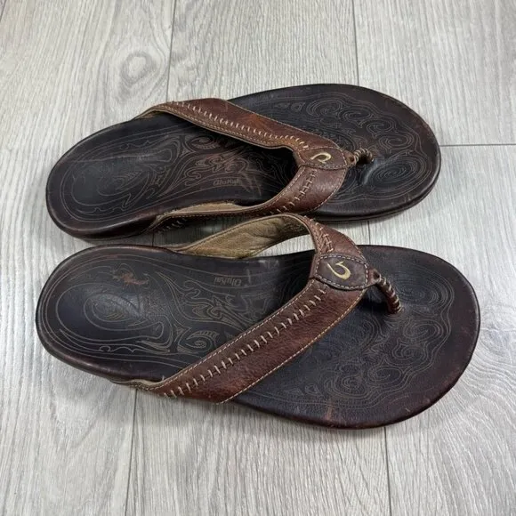 OluKai Men's Hiapo Brown Flip Flop Leather Sandals