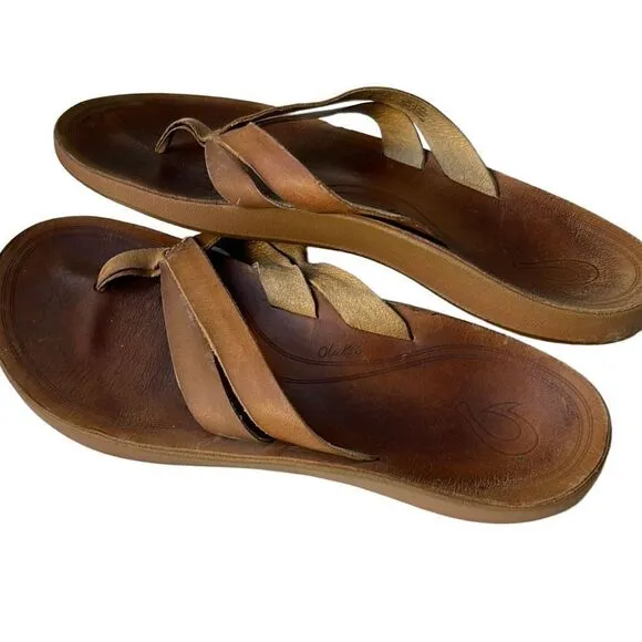 OLUKAI Kaekae Tan Brown Leather Flip Flop Sandals Size 8.5-9