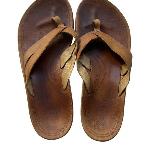 OLUKAI Kaekae Tan Brown Leather Flip Flop Sandals Size 8.5-9