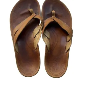 OLUKAI Kaekae Tan Brown Leather Flip Flop Sandals Size 8.5-9