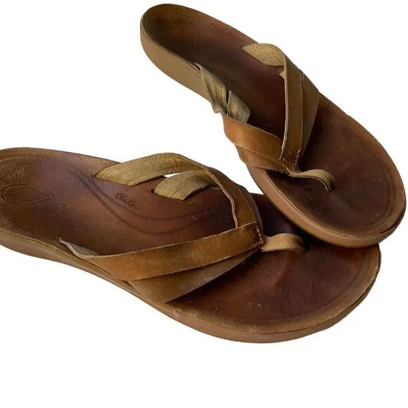 OLUKAI Kaekae Tan Brown Leather Flip Flop Sandals Size 8.5-9