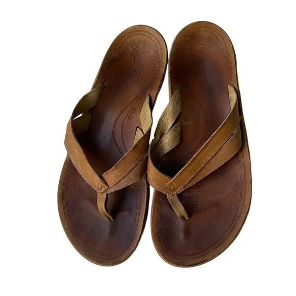 OLUKAI Kaekae Tan Brown Leather Flip Flop Sandals Size 8.5-9