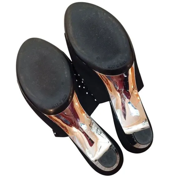 Onex Sz-10.5-11 Black Sparkle Rhinestone Slide Sandals Chrome Heels Glam Mules