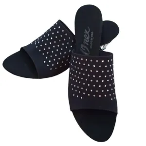 Onex Sz-10.5-11 Black Sparkle Rhinestone Slide Sandals Chrome Heels Glam Mules