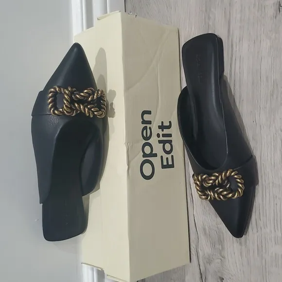 Open Edit Kyla Faux Leather Metal Rope Knot Open Back Mules Flats Shoes Black 6