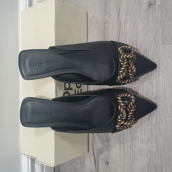 Open Edit Kyla Faux Leather Metal Rope Knot Open Back Mules Flats Shoes Black 6
