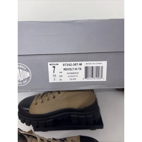 PALLADIUM Revolt Hi Tx, in Olive. NEW IN BOX! Women Size 7/EU 38 🌱 Vegan