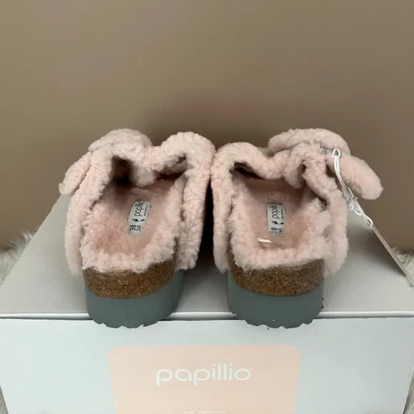 {Papillio by Birkenstock} Arizona Big Buckle Serling Slides Teddy Crystal Rose