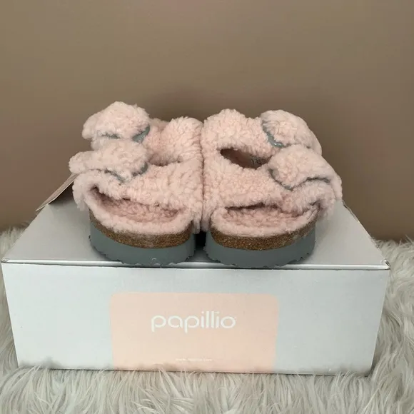 {Papillio by Birkenstock} Arizona Big Buckle Serling Slides Teddy Crystal Rose