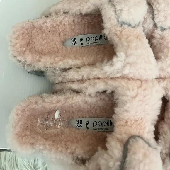 {Papillio by Birkenstock} Arizona Big Buckle Serling Slides Teddy Crystal Rose