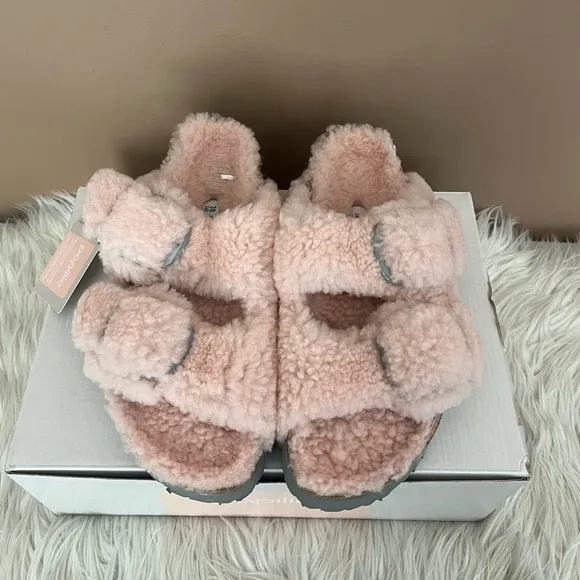 {Papillio by Birkenstock} Arizona Big Buckle Serling Slides Teddy Crystal Rose