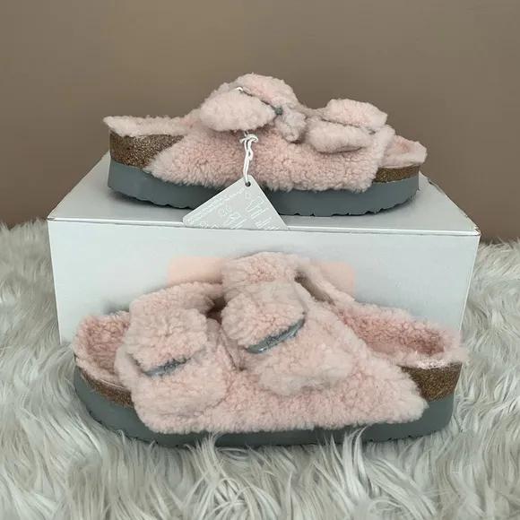 {Papillio by Birkenstock} Arizona Big Buckle Serling Slides Teddy Crystal Rose
