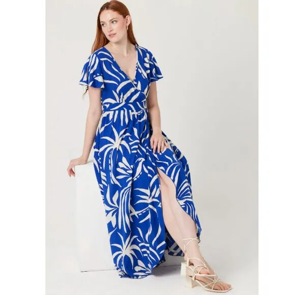 Patrons of Peace Hollywood Dress Blue &amp; Cream Faux Wrap Maxi Women's Size XS