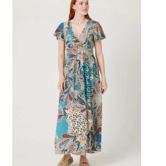 Patrons of Peace Hollywood Dress Blue &amp; Cream Faux Wrap Maxi Women's Size XS