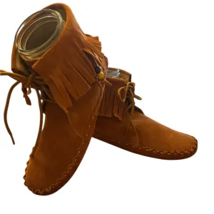 Peace Moccasins Margaret Ankle boots Suede Beaded Fringe Boho Brown Women size 8