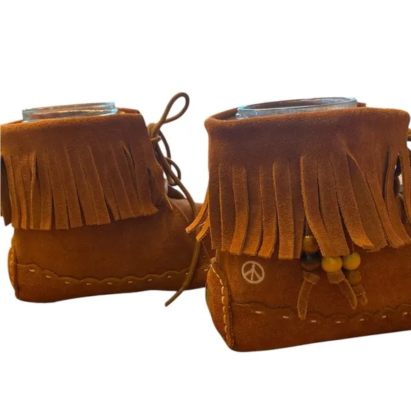 Peace Moccasins Margaret Ankle boots Suede Beaded Fringe Boho Brown Women size 8