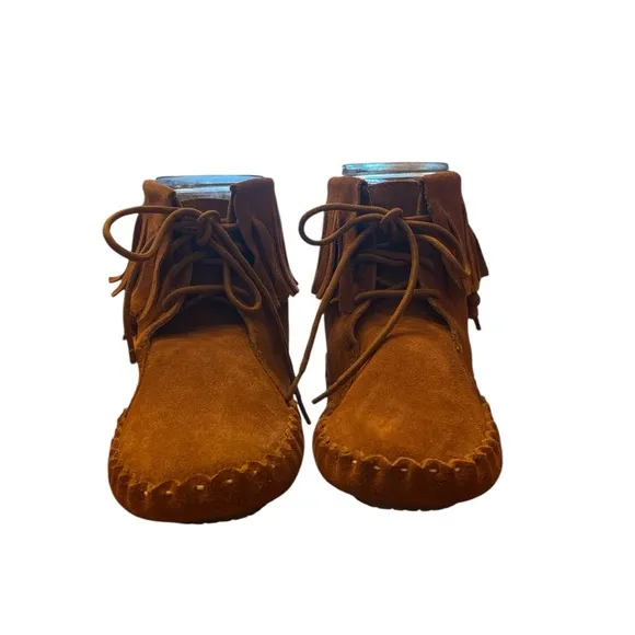 Peace Moccasins Margaret Ankle boots Suede Beaded Fringe Boho Brown Women size 8