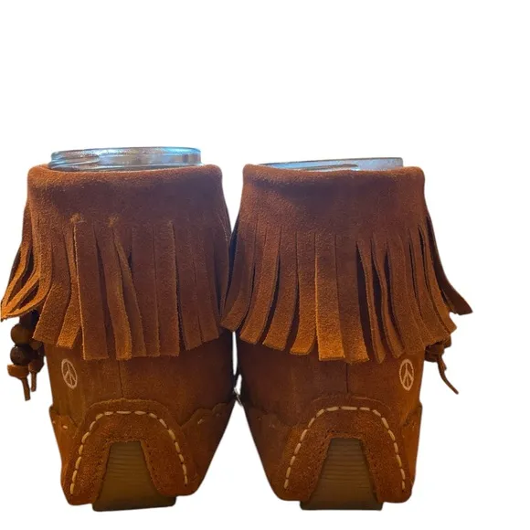 Peace Moccasins Margaret Ankle boots Suede Beaded Fringe Boho Brown Women size 8