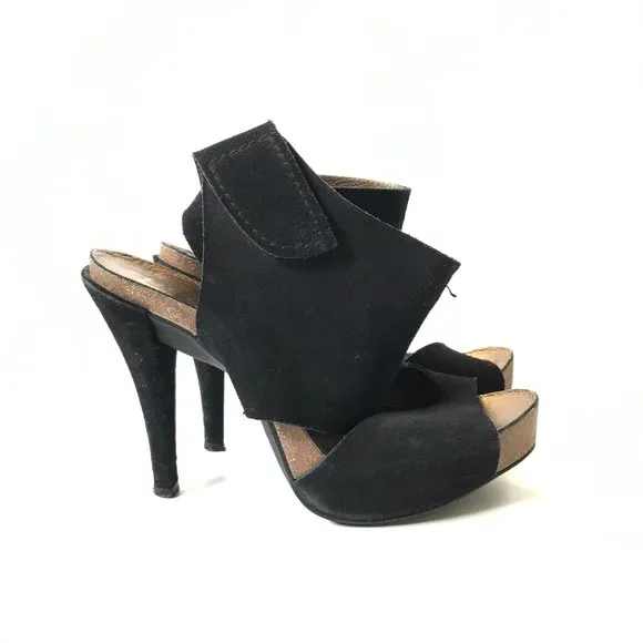 Pedro Garcia Sissel Suede Grip Strap Sandals Heels Womens 37 7 Black Open Toe