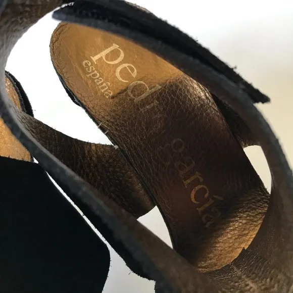 Pedro Garcia Sissel Suede Grip Strap Sandals Heels Womens 37 7 Black Open Toe