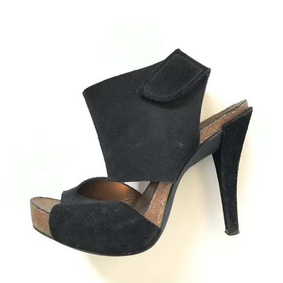 Pedro Garcia Sissel Suede Grip Strap Sandals Heels Womens 37 7 Black Open Toe