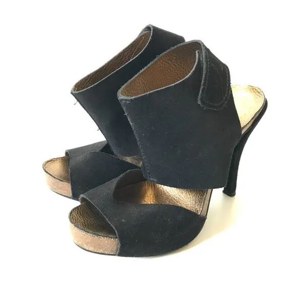 Pedro Garcia Sissel Suede Grip Strap Sandals Heels Womens 37 7 Black Open Toe