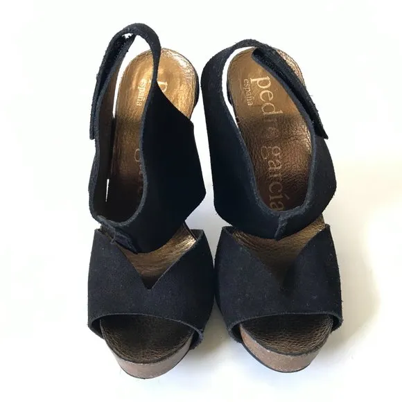 Pedro Garcia Sissel Suede Grip Strap Sandals Heels Womens 37 7 Black Open Toe