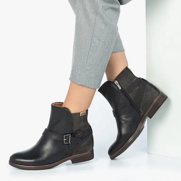 PIKOLINOS | Ordino Black Leather Buckle Strap Moto Ankle Boots | Sz 6.5-7