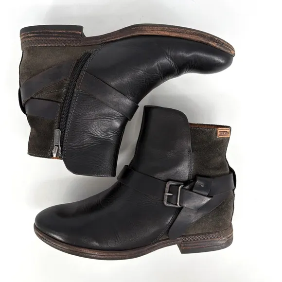 PIKOLINOS | Ordino Black Leather Buckle Strap Moto Ankle Boots | Sz 6.5-7