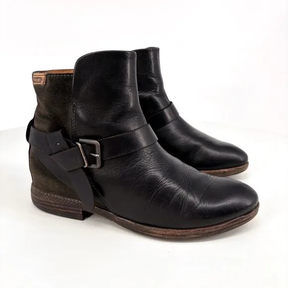 PIKOLINOS | Ordino Black Leather Buckle Strap Moto Ankle Boots | Sz 6.5-7