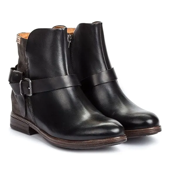 PIKOLINOS | Ordino Black Leather Buckle Strap Moto Ankle Boots | Sz 6.5-7