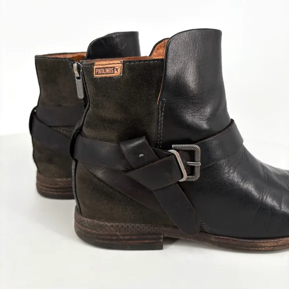 PIKOLINOS | Ordino Black Leather Buckle Strap Moto Ankle Boots | Sz 6.5-7
