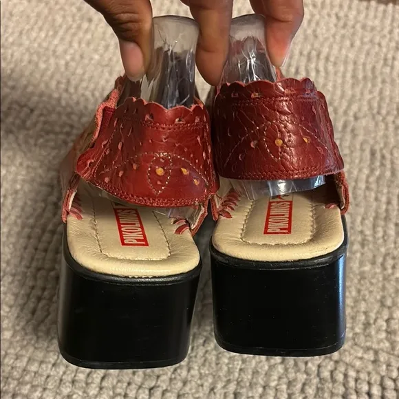 PIKOLINOS Red and Orange Slip-On Loafers with Intricate Design