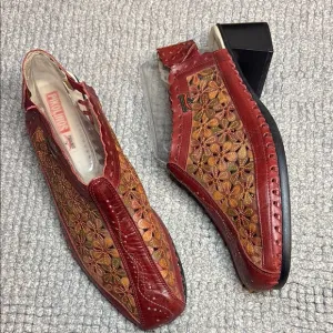 PIKOLINOS Red and Orange Slip-On Loafers with Intricate Design