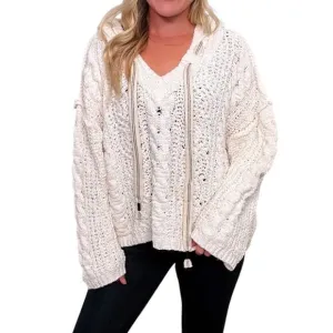 POL Chenille Cable V-Neck Knit Sweater Hoodie, Vanilla, Relaxed, Cozy, Lounge, M