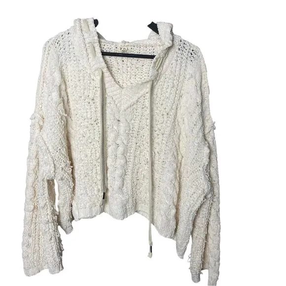 POL Chenille Cable V-Neck Knit Sweater Hoodie, Vanilla, Relaxed, Cozy, Lounge, M