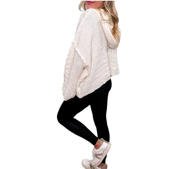 POL Chenille Cable V-Neck Knit Sweater Hoodie, Vanilla, Relaxed, Cozy, Lounge, M