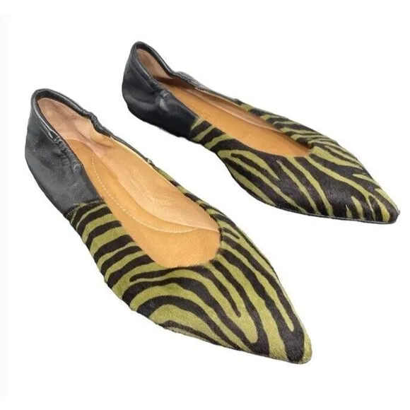 POMME D’OR Flats Designer Leather Fur Animal Print Pointy Fun City Chic EU38 US7