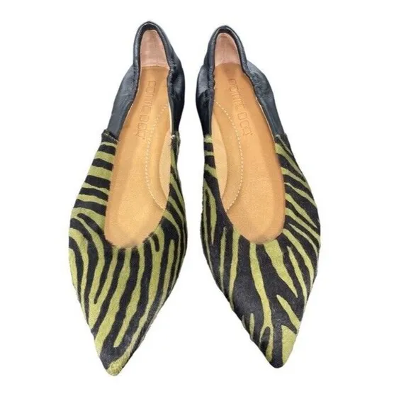 POMME D’OR Flats Designer Leather Fur Animal Print Pointy Fun City Chic EU38 US7