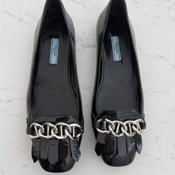Prada Black and Silver Chain Loafers