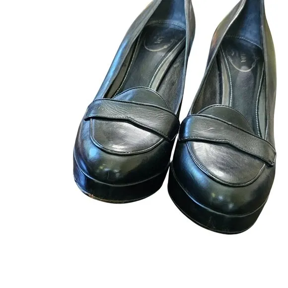 Prada Black Leather Platform Loafers High-Heel Pumps Womens Shoes Size 39.5