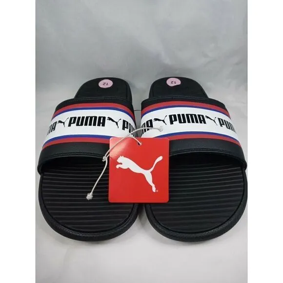Puma Cool Cat Stripe Repeat Mens Sz  12  Black Red Slip On Slides Sandals New
