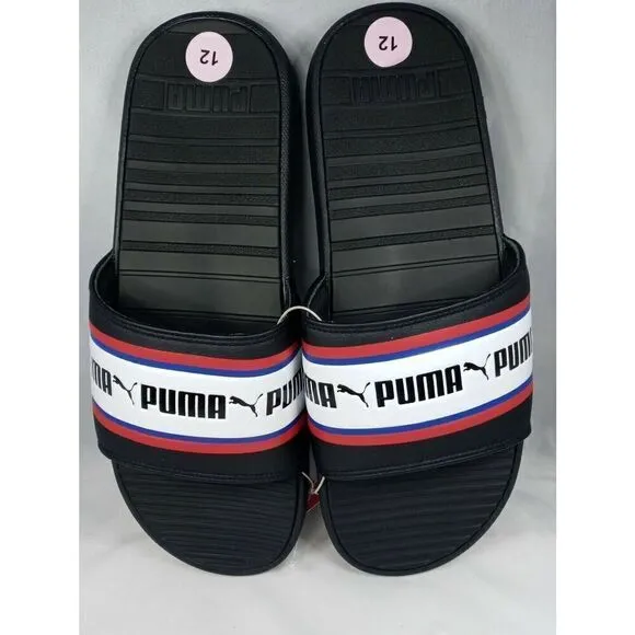 Puma Cool Cat Stripe Repeat Mens Sz  12  Black Red Slip On Slides Sandals New