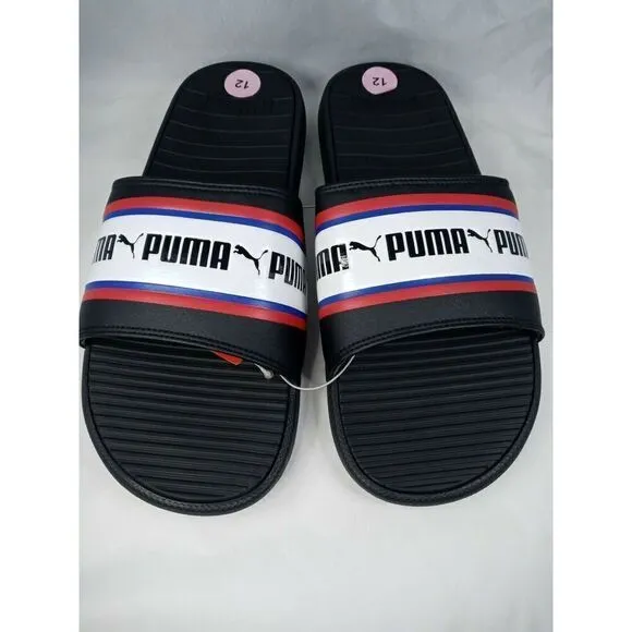Puma Cool Cat Stripe Repeat Mens Sz  12  Black Red Slip On Slides Sandals New