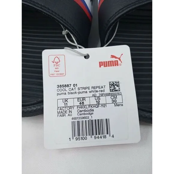 Puma Cool Cat Stripe Repeat Mens Sz  12  Black Red Slip On Slides Sandals New