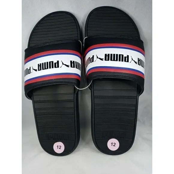 Puma Cool Cat Stripe Repeat Mens Sz  12  Black Red Slip On Slides Sandals New
